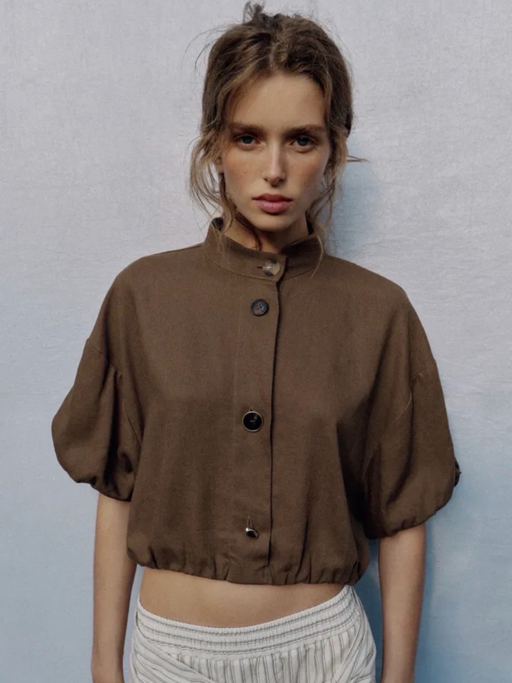 Zara Cropped Brown Button-Up Puff Sleeve Top